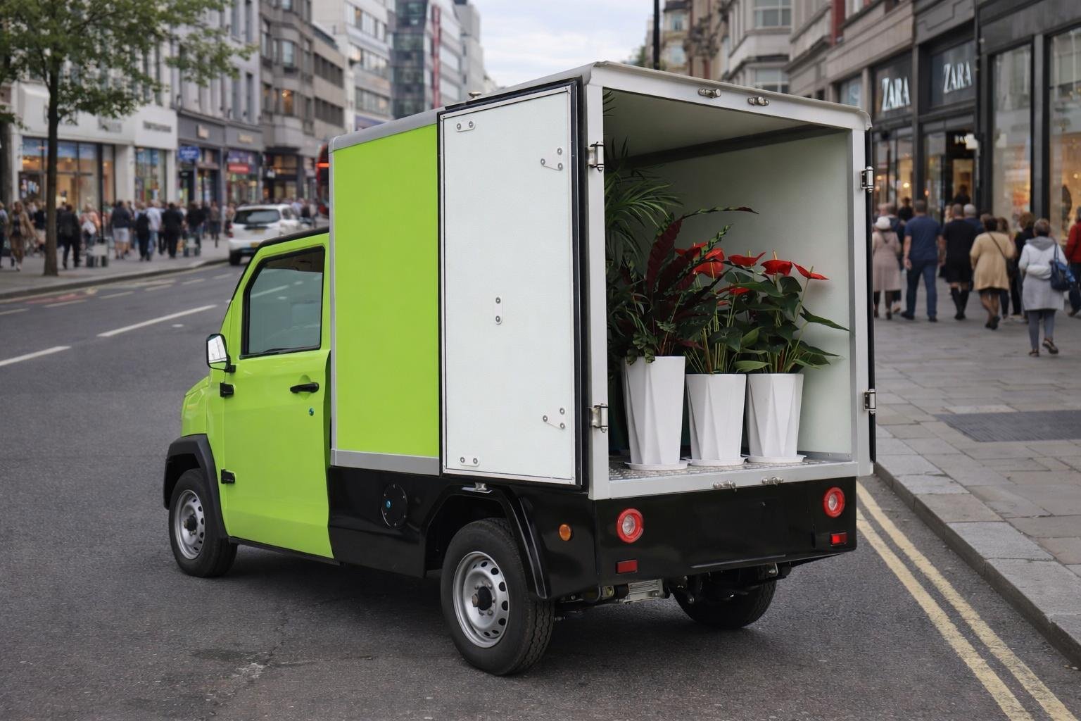 EVC CitySprint Cargo Box — rear three-quarter view on the road