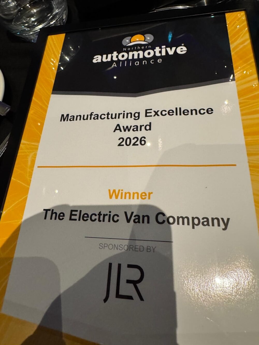 Winner certificate naming The Electric Van Company in the Manufacturing Excellence Award category
