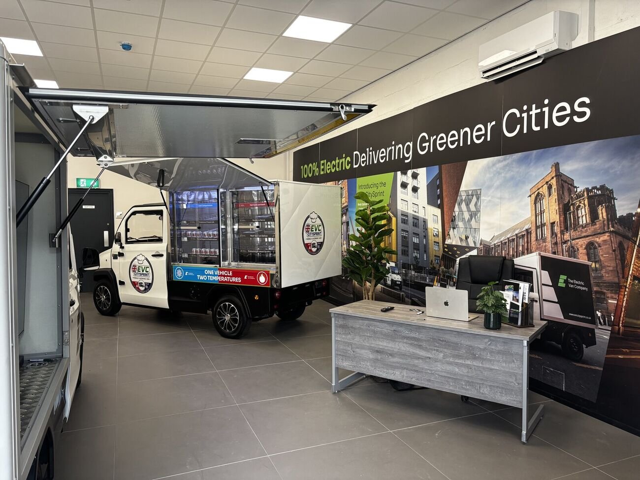 Inside the EVC showroom at Chatburn, with the CitySprint range on display